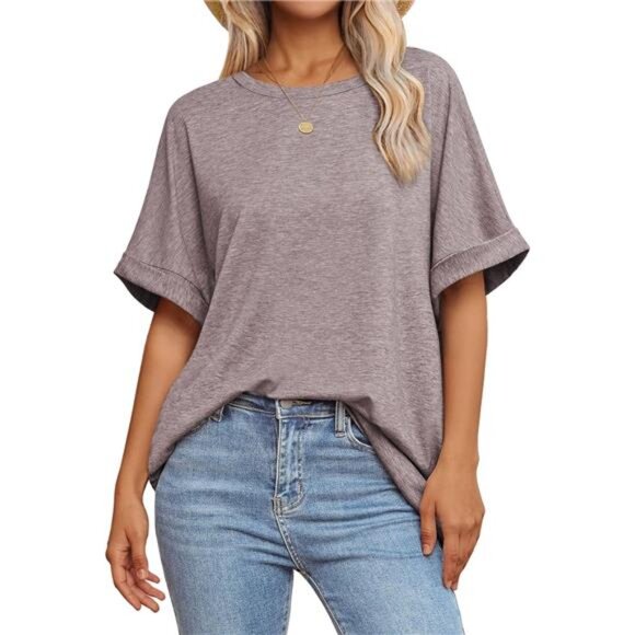 Womens Oversized T Shirts Loose Fit Crewneck Short Sleeve Summer Casual Blouse - Picture 1 of 7